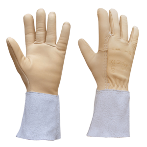 Gants de protection professionnels en cuir beige hydrofuge avec manchette longue – résistants, souples et protecteurs contre les risques mécaniques et les épines – idéals pour la manutention et le jardinage – fabrication française.