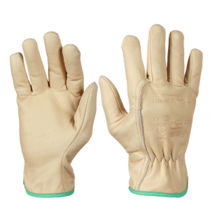 Gants de protection professionnels en cuir pleine fleur beige – souples, résistants et confortables – idéals pour le jardinage, la taille et l’entretien des espaces verts – fabrication française.