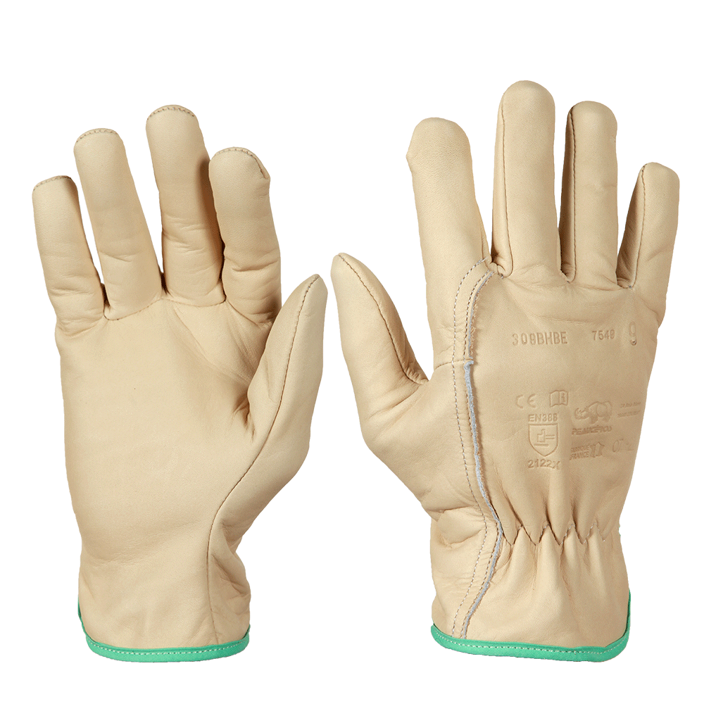 Gants de protection professionnels en cuir pleine fleur beige – souples, résistants et confortables – idéals pour le jardinage, la taille et l’entretien des espaces verts – fabrication française.