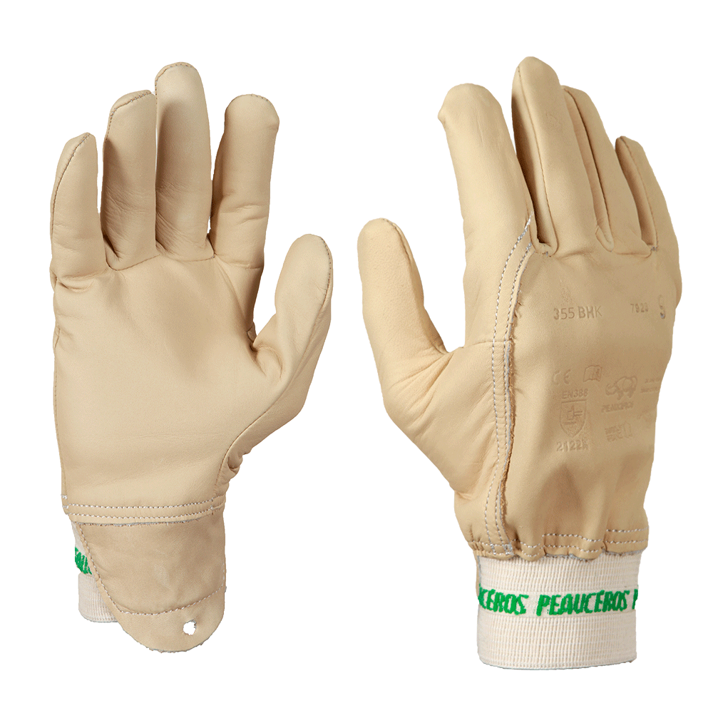 Gants de travail légers anti-coupure en cuir beige – doublure para-aramide – souples, résistants et confortables – idéals pour les réseaux TP et travaux légers – fabrication française, modèle 355BHK