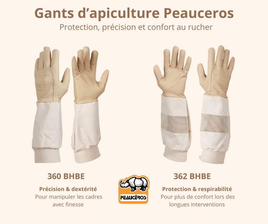 Gants d’apiculture Peauceros 360 BHBE et 362 BHBE fabriqués en France pour la protection, la précision et le confort au rucher